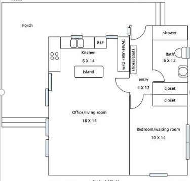 A floor plan of a first floor of a house with a porch labelled, a kitchen labelled 6 ft by 14 ft, office/living room labelled 18 ft by 14 ft, bath labelled 6 ft by 12 ft, entry labelled 4 ft by 12 ft, and bedroom labelled 10 ft by 14 ft.
